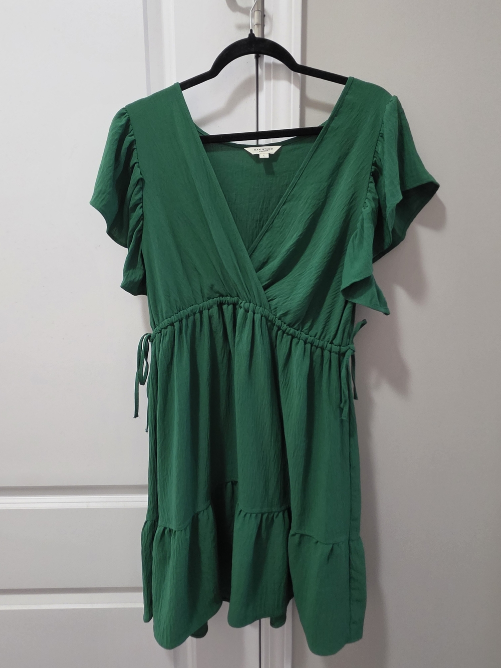 Max Studio Emerald Green Wrap Mini Dress with Ruffle Sleeves